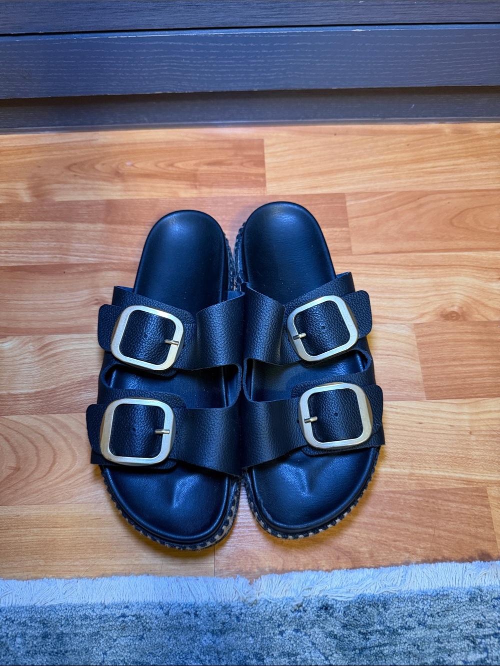 Black Double-Buckle Slide Sandals